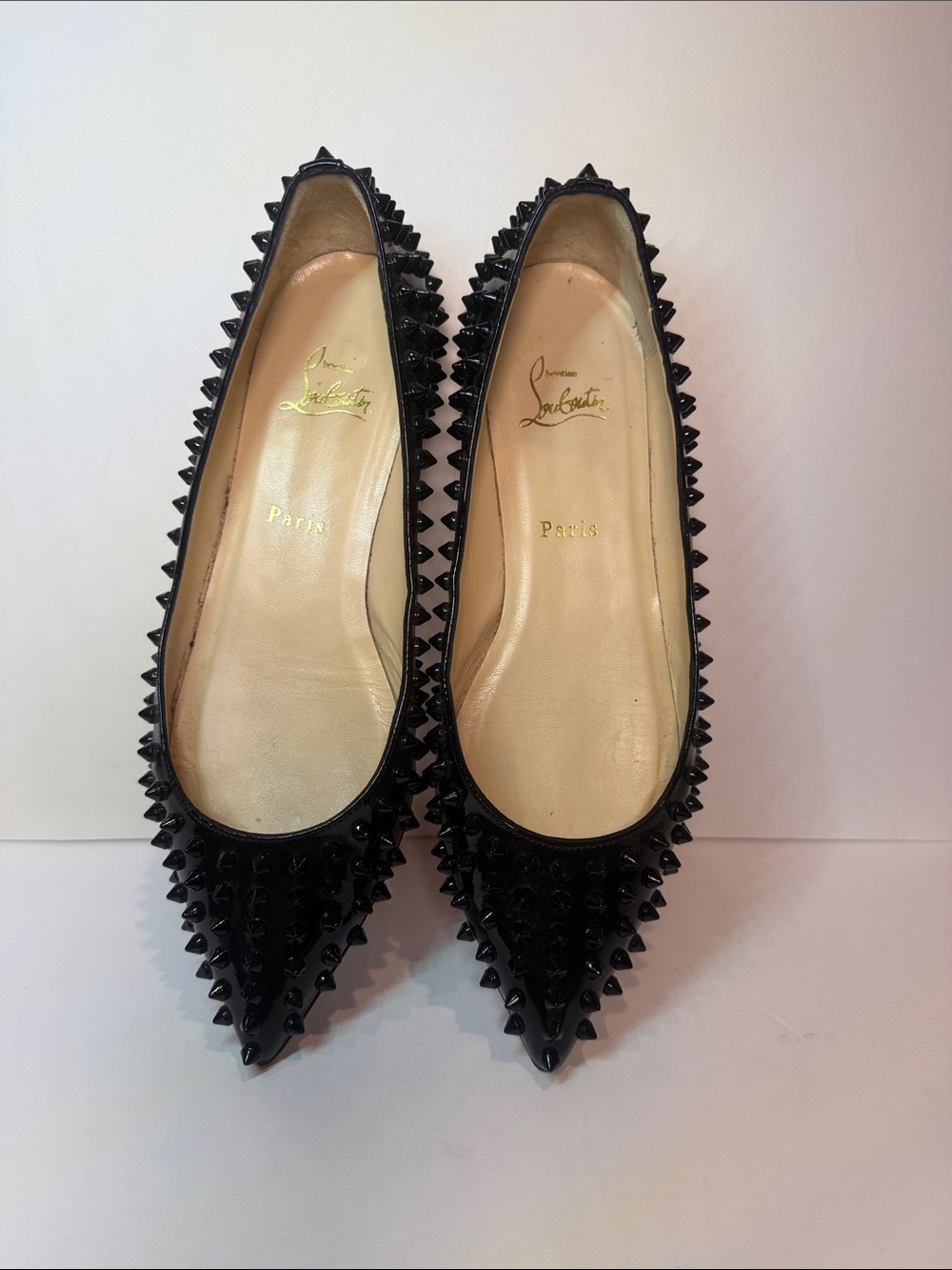 Christian Louboutin Black Patent Spike-Embellished Pointed Flats sz 40